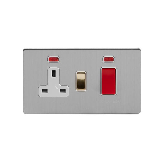 Soho Lighting Brushed Chrome & Brushed Brass 45A Cooker Control Unit & Neon White Inserts Screwless
