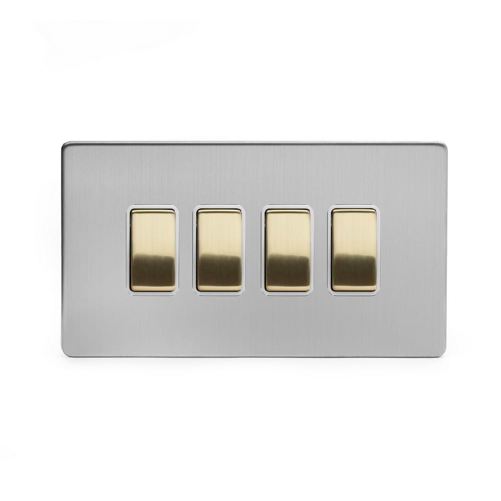 Soho Lighting Brushed Chrome & Brushed Brass 20A 4 Gang 2 Way Switch White Inserts Screwless