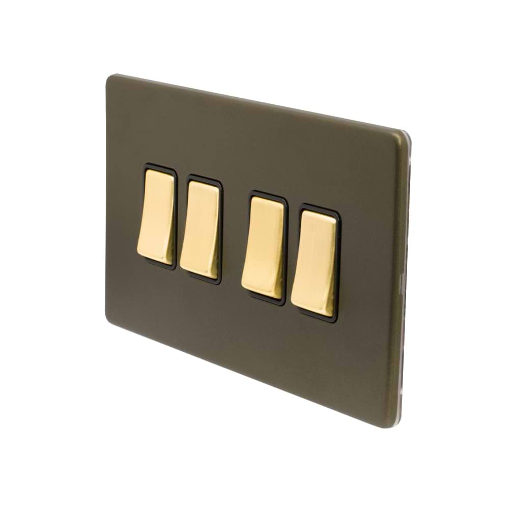 Soho Lighting Bronze & Brushed Brass 10A 4 Gang 2 Way Switch Black Inserts Screwless