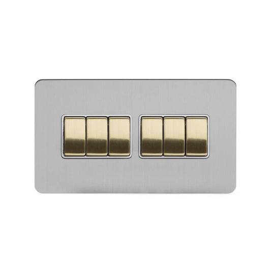 Soho Lighting Brushed Chrome & Brushed Brass 10A 6 Gang 2 Way Switch White Inserts Screwless