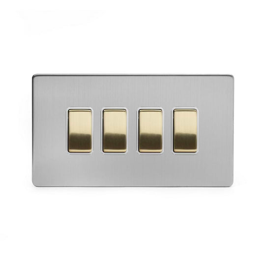Soho Lighting Brushed Chrome & Brushed Brass 10A 4 Gang Intermediate Switch White Inserts Screwless