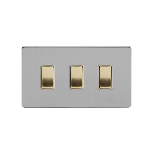 Soho Lighting Brushed Chrome & Brushed Brass 10A 3 Gang Switch on Double Plate 2 Way Screwless