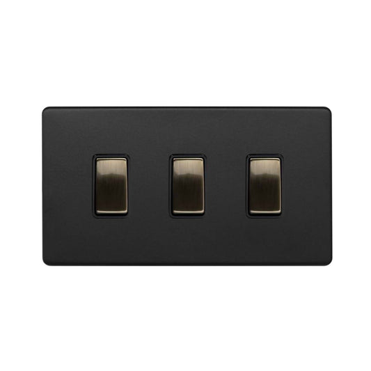 Soho Lighting Matt Black and Antique Brass 3 Gang Switch Double Plate 2 Way
