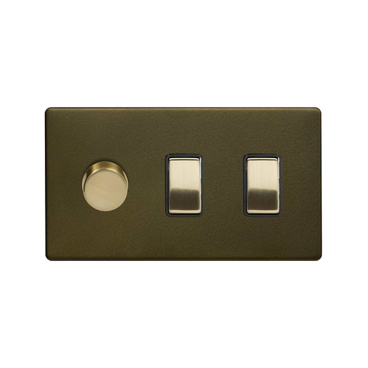 Soho Lighting Bronze with Brushed Brass 3 Gang Dimmer and Rocker Switch Combo (2-Way Intelligent Dimmer & 2 x 2-Way Light Switch)