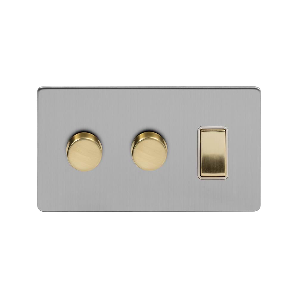 Soho Lighting Brushed Chrome & Brushed Brass 3 Gang Dimmer and Rocker Switch Combo (2 x 2 Way Intelligent Dimmer & 1 x 2-Way Switch)