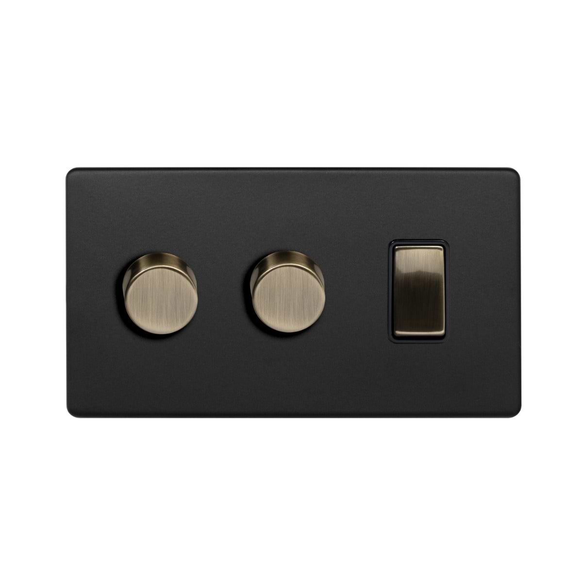 Soho Lighting Matt Black and Antique Brass 3 Gang Dimmer and Rocker Combo ((2 x 2-Way Intelligent Dimmer & 1 x 2-Way Switch)