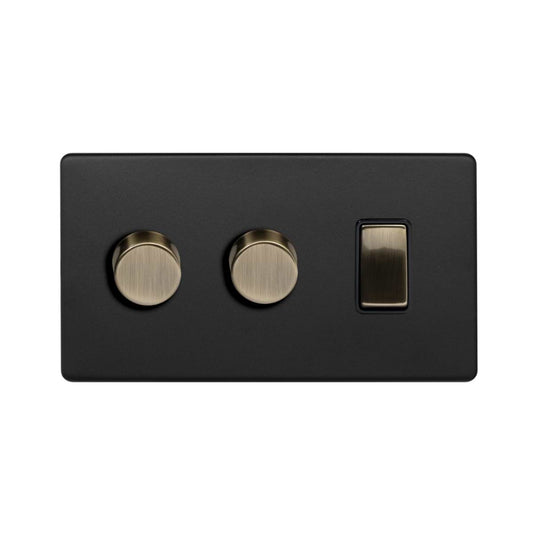 Soho Lighting Matt Black and Antique Brass 3 Gang Dimmer and Rocker Combo ((2 x 2-Way Intelligent Dimmer & 1 x 2-Way Switch)