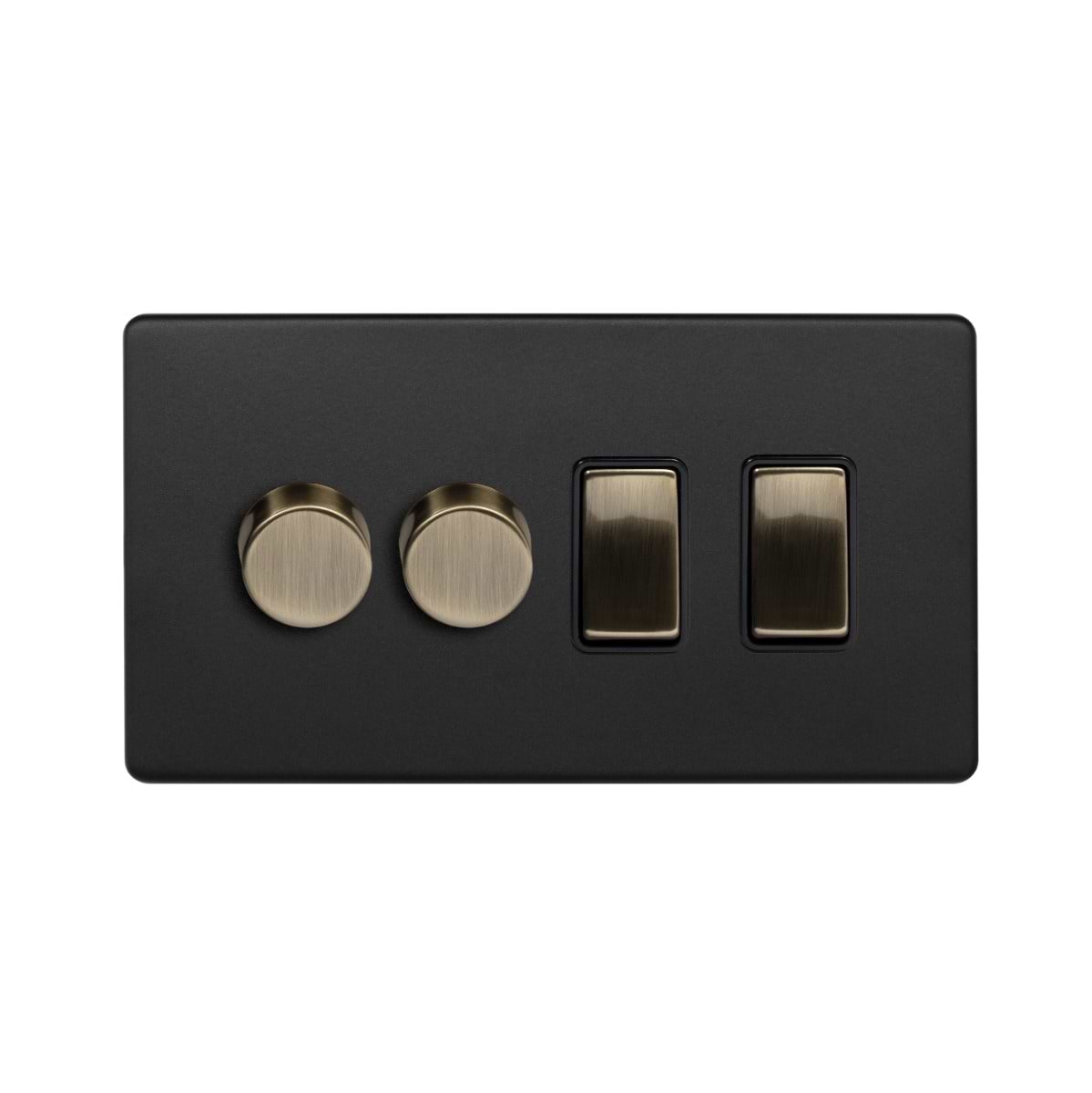 Soho Lighting Matt Black and Antique Brass 4 Gang Dimmer and Rocker Switch Combo (2 x 2-Way Intelligent Dimmer & 2 x 2-Way Switch))