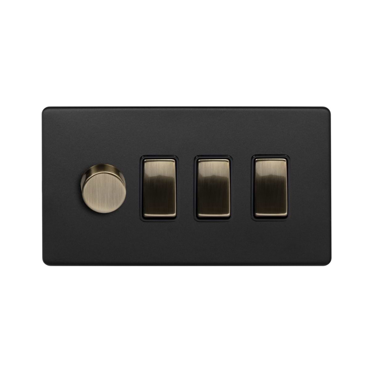 Soho Lighting Matt Black and Antique Brass 4 Gang Dimmer and Rocker Combo (2-Way Intelligent Dimmer and 3 x 2 -Way Switch)