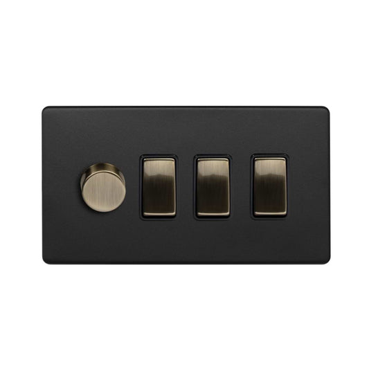 Soho Lighting Matt Black and Antique Brass 4 Gang Dimmer and Rocker Combo (2-Way Intelligent Dimmer and 3 x 2 -Way Switch)
