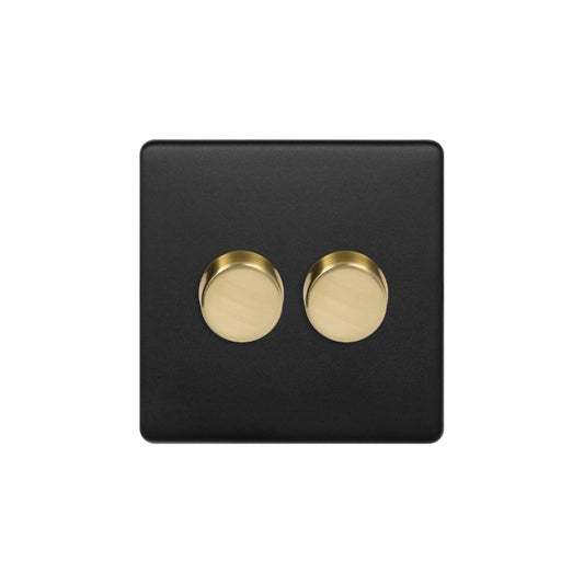 The Camden Collection Matt Black & Brushed Brass 2 Gang 2 -Way Intelligent Dimmer 150W LED (300W Halogen/Incandescent)