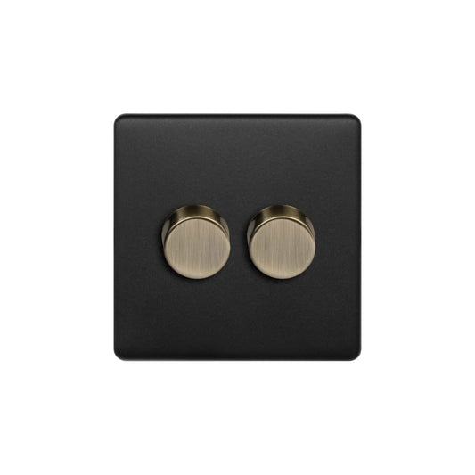 Soho Lighting Matt Black and Antique Brass 2 Gang 2 -Way Intelligent Dimmer 150W LED (300W Halogen/Incandescent)