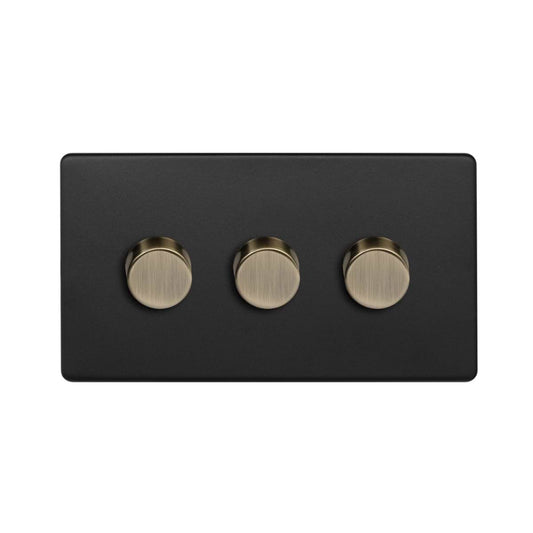 Soho Lighting Matt Black and Antique Brass 3 Gang 2- Way Intelligent Dimmer 150W LED (300W Halogen/Incandescent)