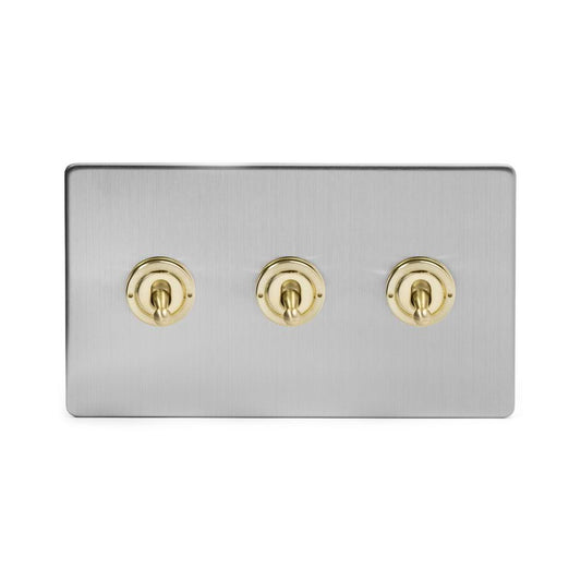 Soho Lighting Brushed Chrome & Brushed Brass 20A 3 Gang 2 Way Toggle Switch Screwless