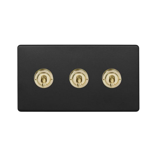 The Camden Collection Matt Black & Brushed Brass 20A 3 Gang 2 Way Toggle Switch Screwless