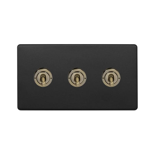 Soho Lighting Matt Black and Antique Brass 3 Gang 2 Way Toggle Switch