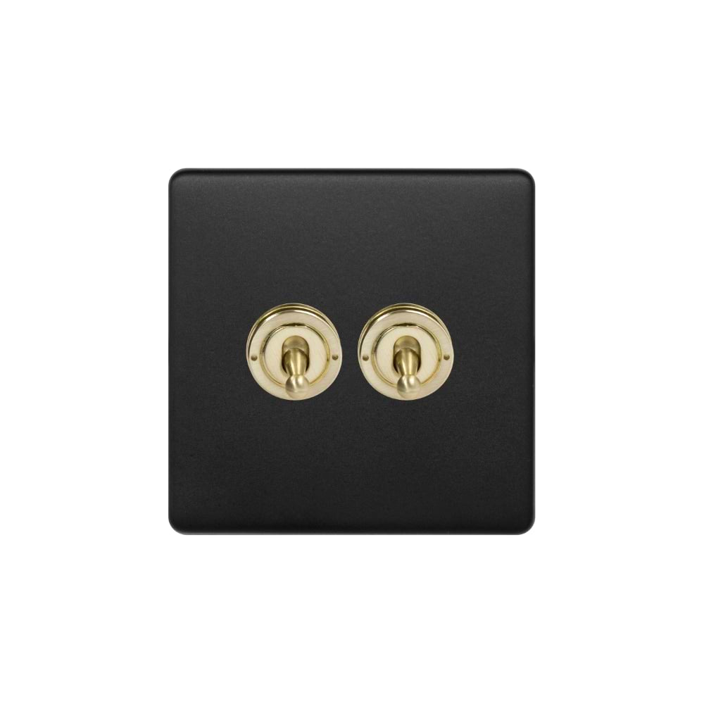 The Camden Collection Matt Black & Brushed Brass 20A 2 Gang Intermediate Toggle Screwless