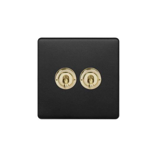 The Camden Collection Matt Black & Brushed Brass 20A 2 Gang Intermediate Toggle Screwless