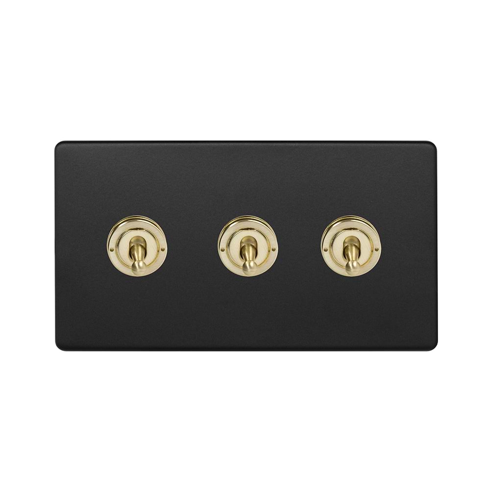The Camden Collection Matt Black & Brushed Brass 20A 3 Gang Intermediate Toggle Screwless