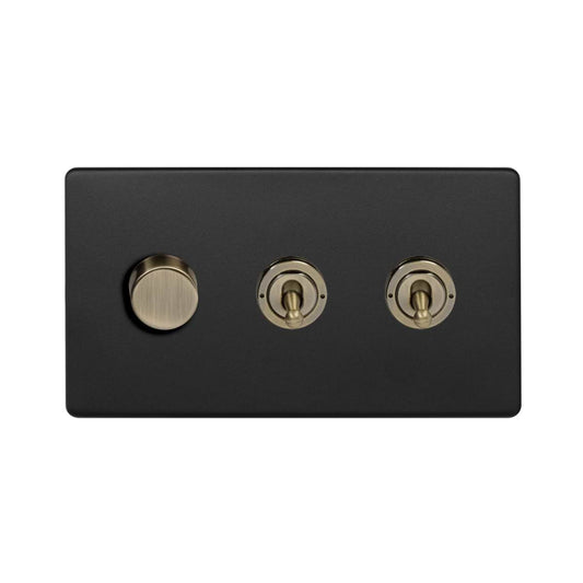 Soho Lighting Matt Black and Antique Brass 3 Gang Dimmer and Toggle switch combo (1x150W LED Dimmer 2x20A 2 Way Toggle)
