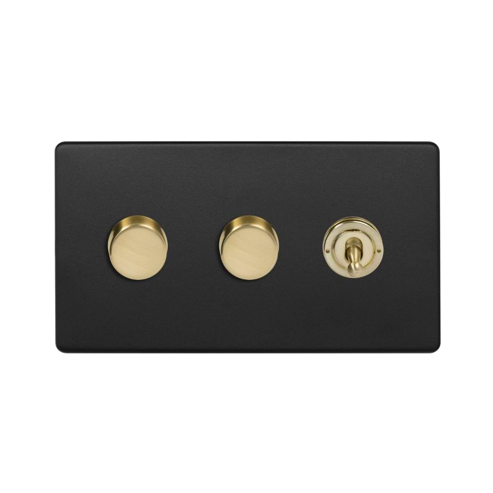 The Camden Collection Matt Black & Brushed Brass 3 Gang Switch with 2 Dimmers (2x150W LED Dimmer 1x20A 2 Way Toggle)