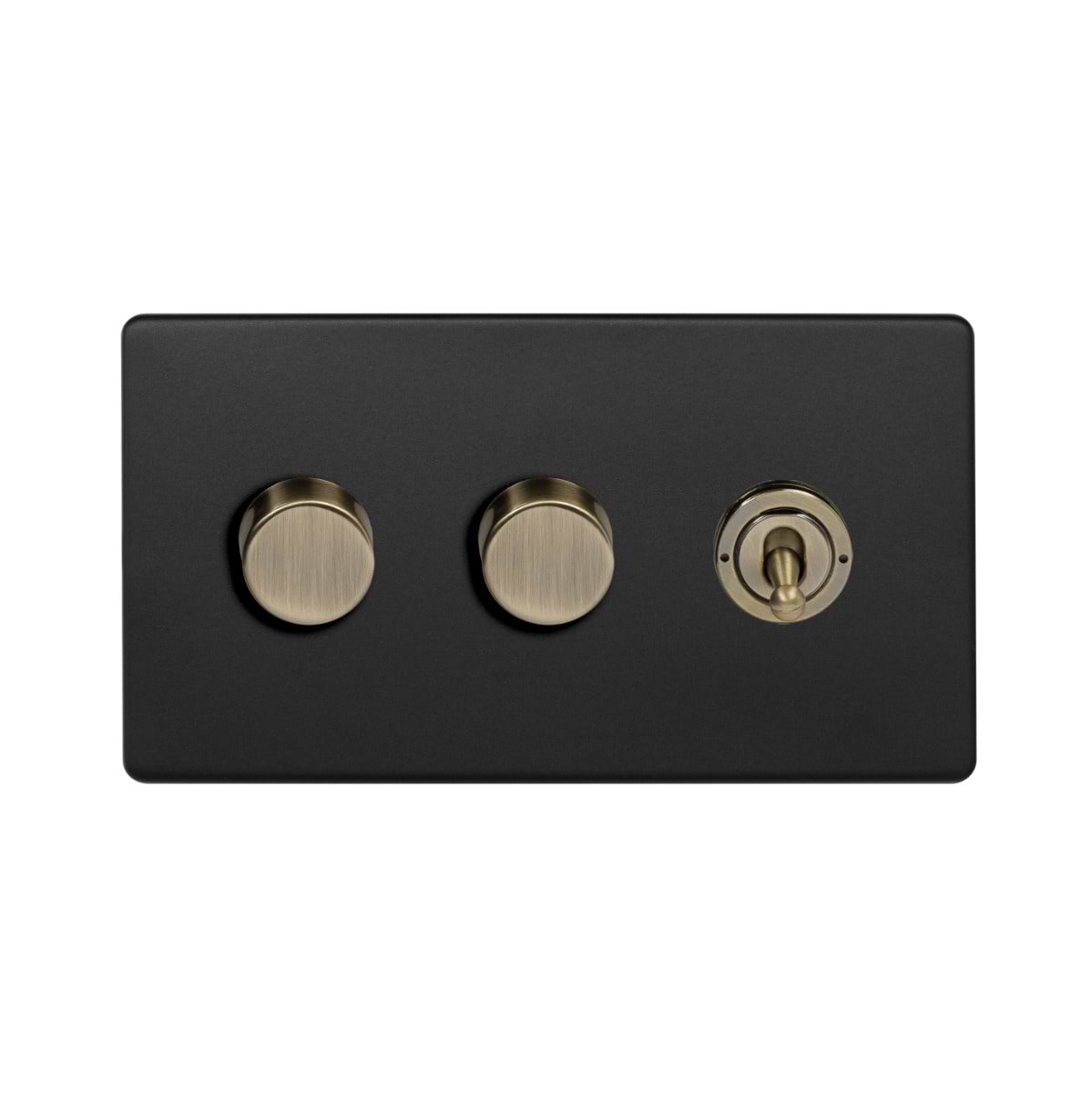 Soho Lighting Matt Black and Antique Brass 3 Gang Switch with 2 Dimmers (2x150W LED Dimmer 1x20A 2 Way Toggle)