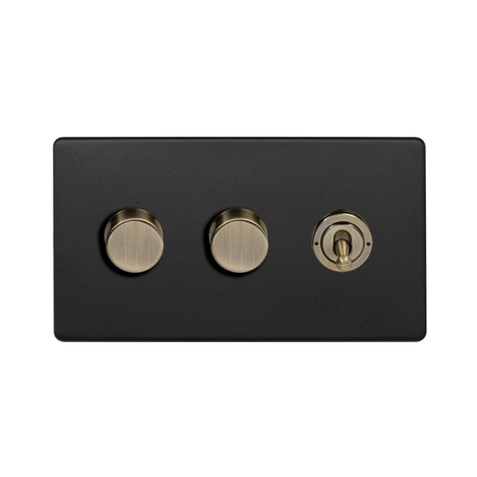 Soho Lighting Matt Black and Antique Brass 3 Gang Switch with 2 Dimmers (2x150W LED Dimmer 1x20A 2 Way Toggle)