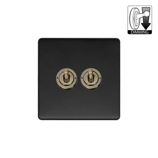 Soho Lighting Lighting Matt Black & Antique Brass 2 Gang Dimming Toggle Switch