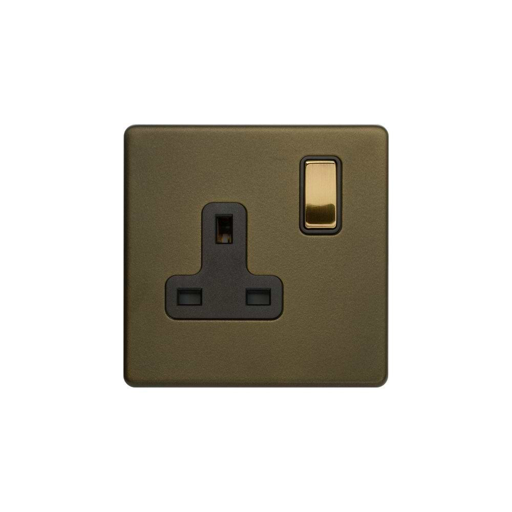 Soho Lighting Bronze & Brushed Brass 13A 1 Gang Switched Socket, DP Black Inserts Screwless