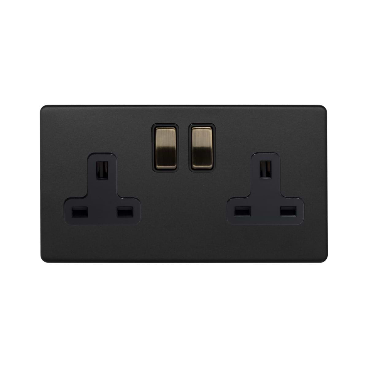 Soho Lighting Matt Black and Antique Brass 2 Gang Double Pole Socket 13A