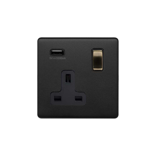 Soho Lighting Matt Black and Antique Brass 1 Gang 13A SP Socket with USB-A 2.1A