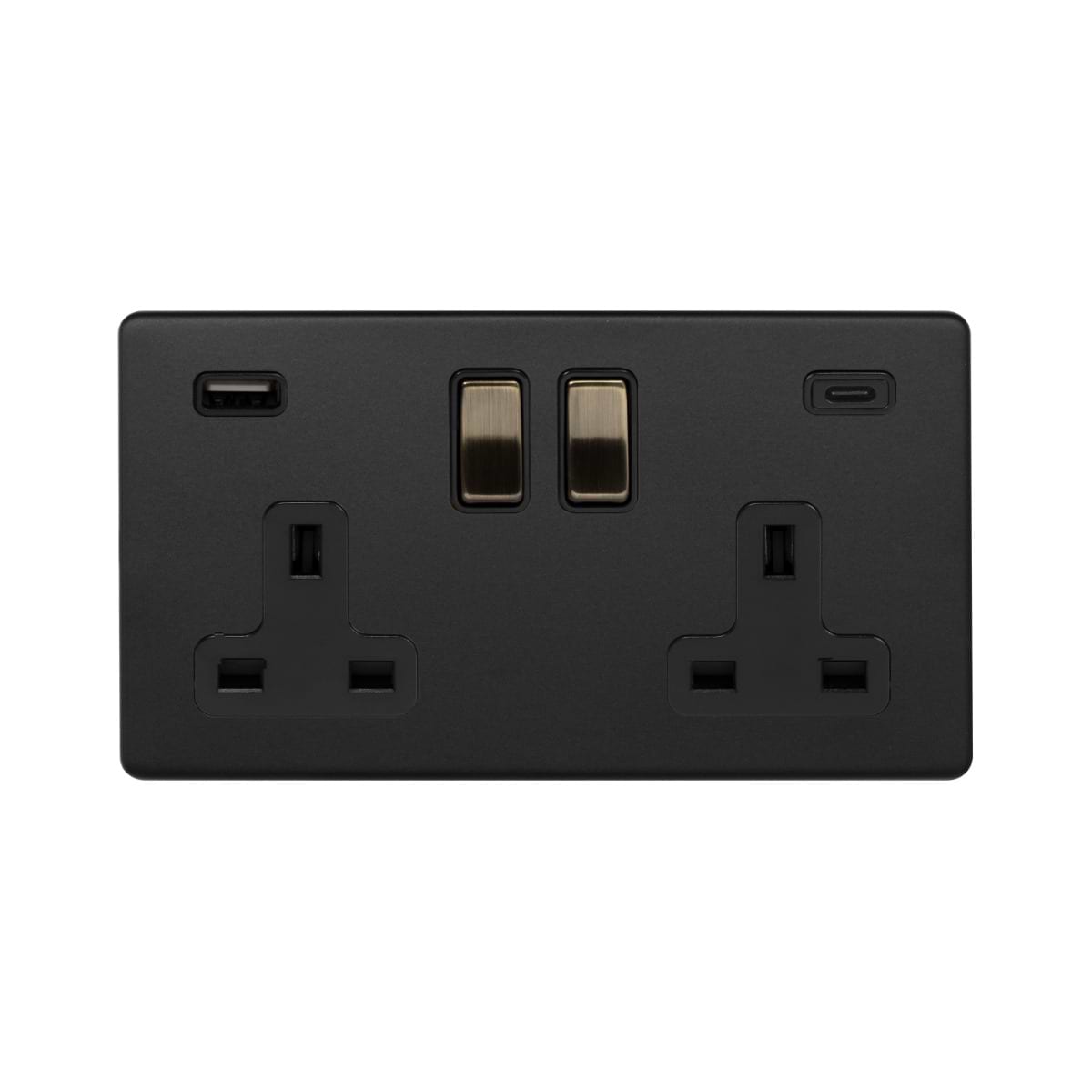 Soho Lighting Matt Black and Antique Brass 2 Gang USB  A+C Socket (13A Socket + 2 USB Ports A+C 3.1A)