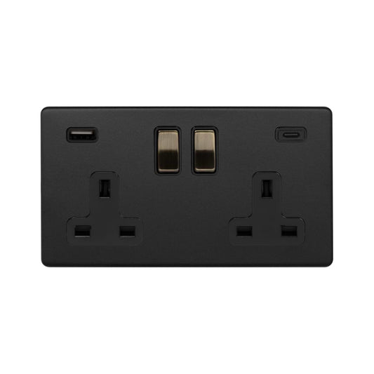 Soho Lighting Matt Black and Antique Brass 2 Gang USB  A+C Socket (13A Socket + 2 USB Ports A+C 3.1A)