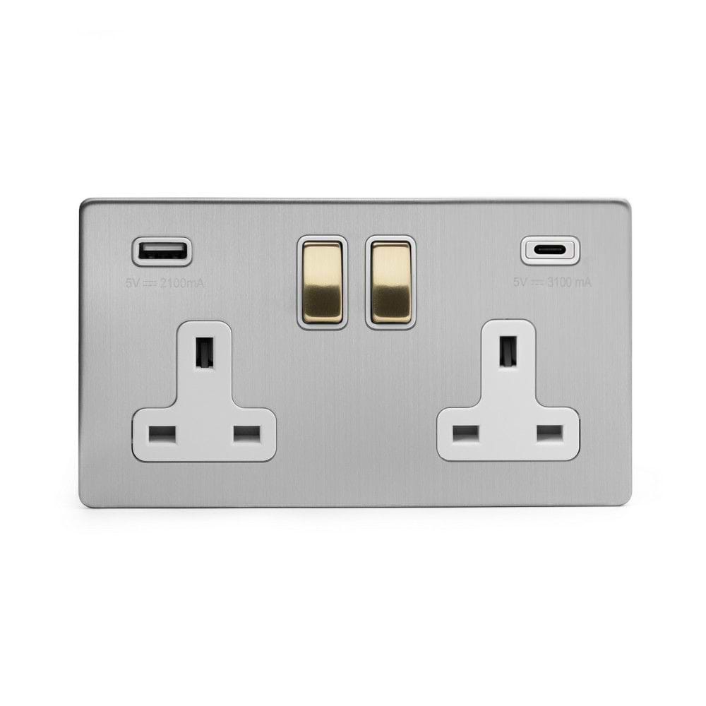 Soho Lighting Brushed Chrome & Brushed Brass 2 Gang USB A+C Socket (13A Socket + 2 USB Ports A+C 3.1A) Screwless
