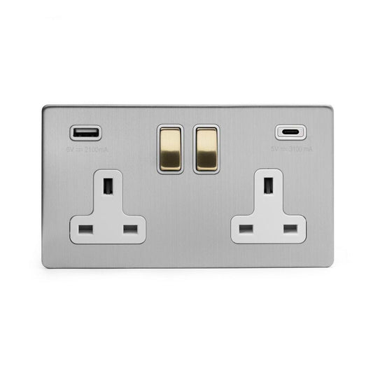Soho Lighting Brushed Chrome & Brushed Brass 2 Gang USB A+C Socket (13A Socket + 2 USB Ports A+C 3.1A) Screwless