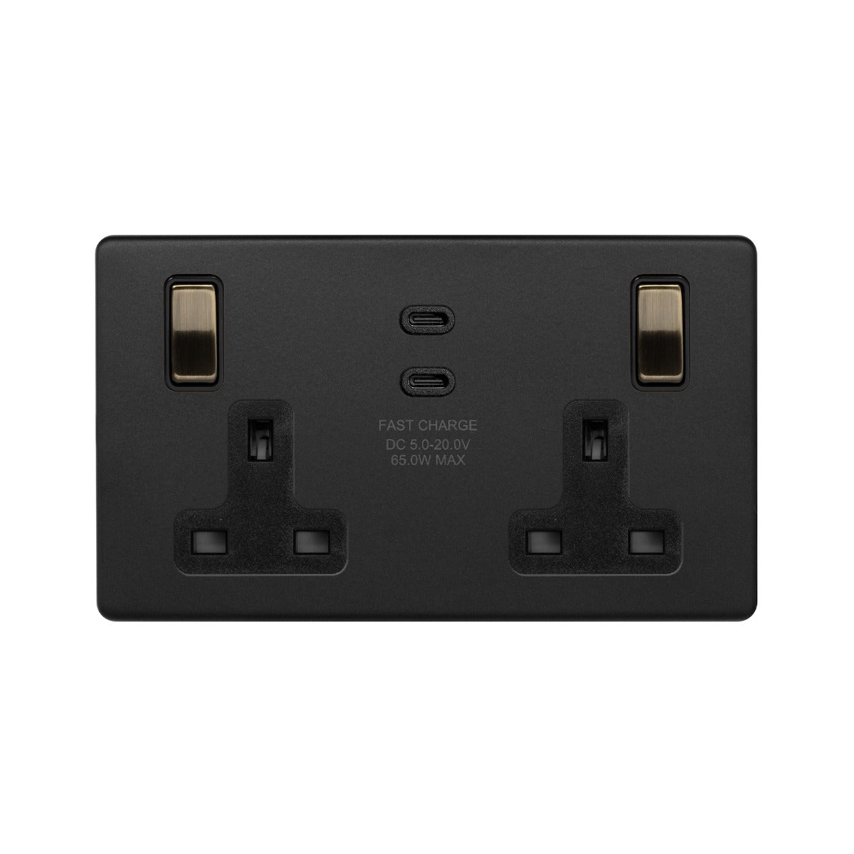Soho Lighting Matt Black & Antique Brass 2 Gang 65W USB C+C Socket (13A Socket + 2 USB C Ports)