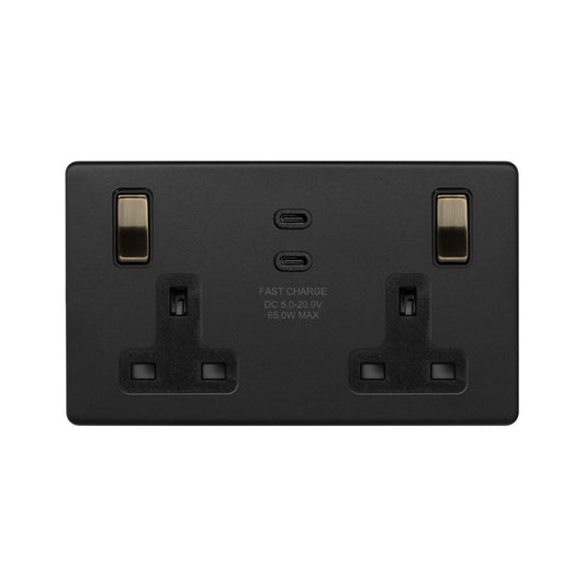 Soho Lighting Matt Black & Antique Brass 2 Gang 65W USB C+C Socket (13A Socket + 2 USB C Ports)