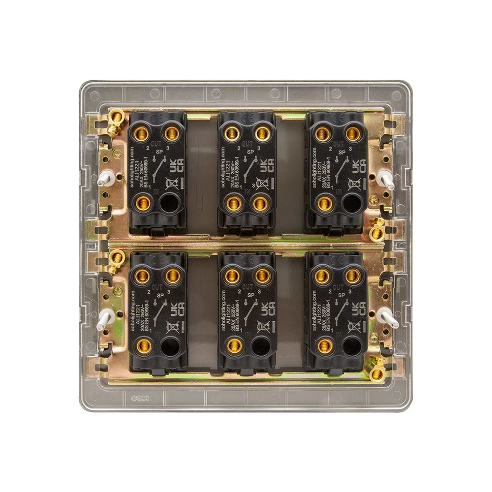 The Connaught Collection Black Nickel 6 Gang Toggle Light Switch 20A 2 Way Screwless
