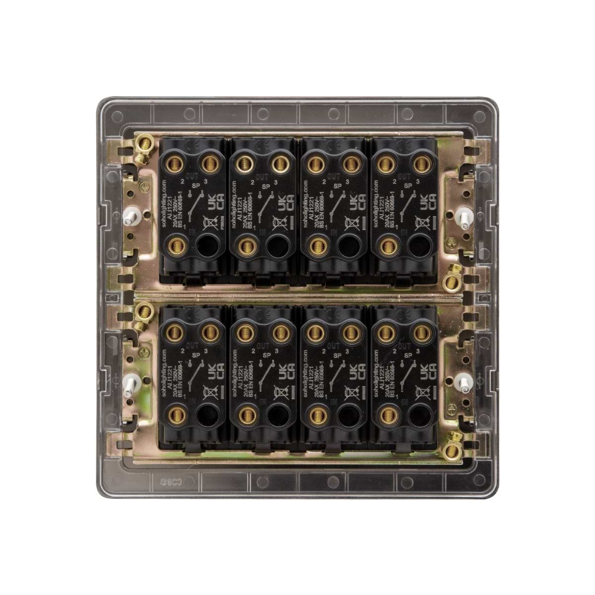 The Charterhouse Collection 8 Gang Toggle Light Switch 20A 2 Way Screwless Antique Brass