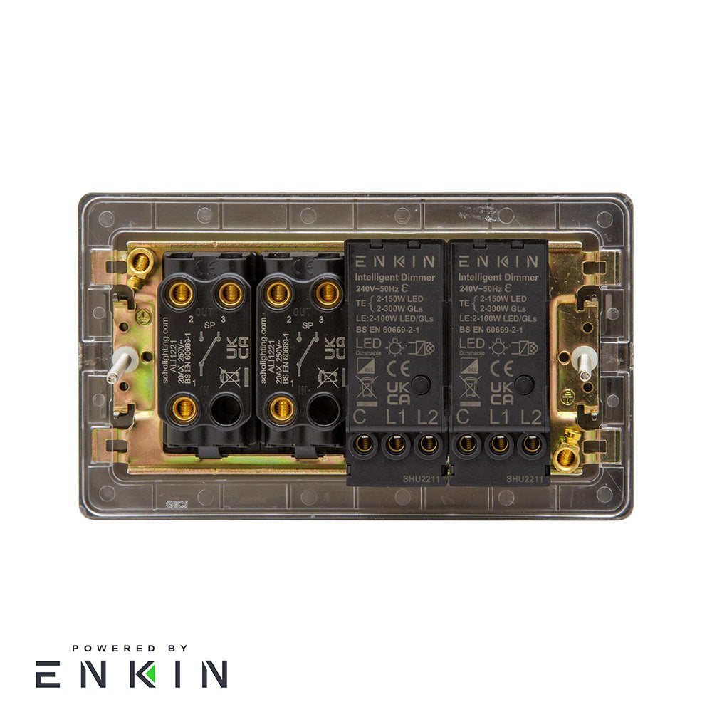 The Camden Collection Matt Black 4 Gang Switch with 2 Dimmers (2x150W LED Dimmer 2x20A 2 Way Toggle)