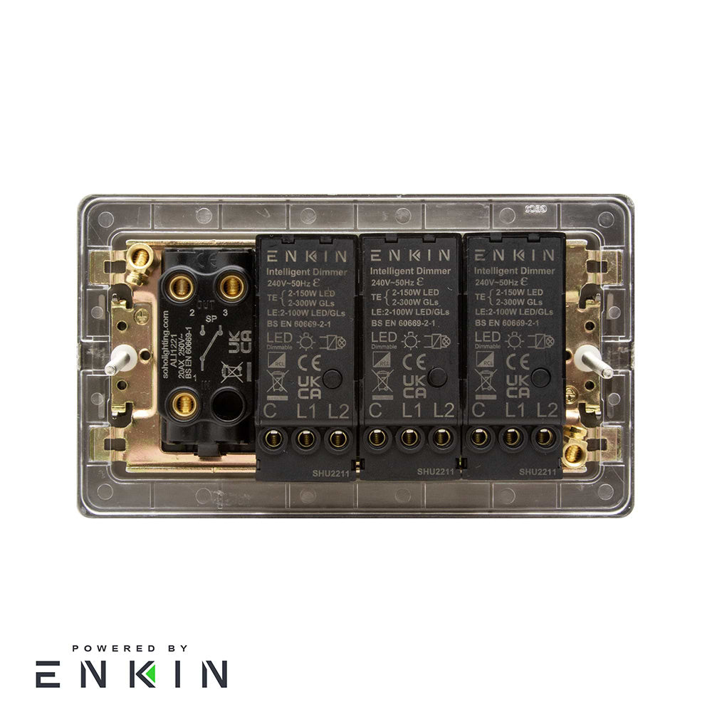 The Connaught Collection Black Nickel 4 Gang Switch with 3 Dimmers (3x150W LED Dimmer 1x20A 2 Way Toggle)