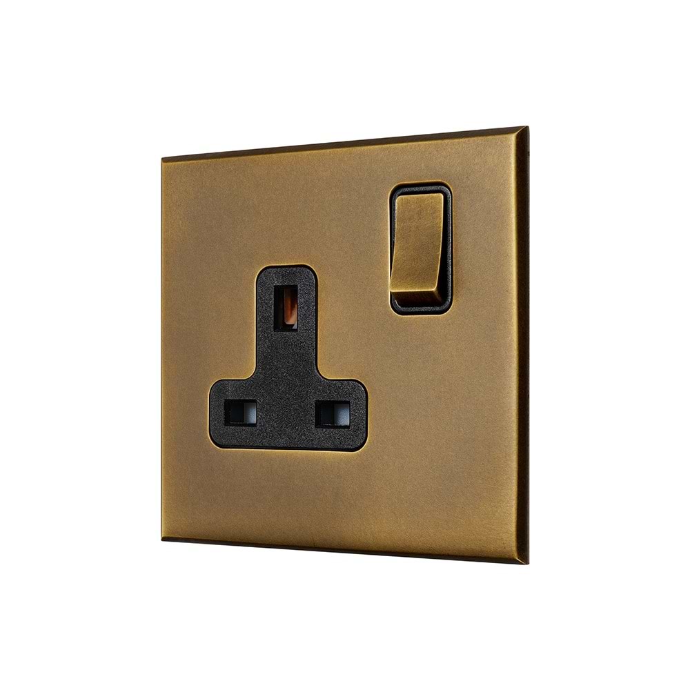 Aged Brass 1 Gang 13A Double Pole Switched Socket with Black Insert  - The Palaces Collection