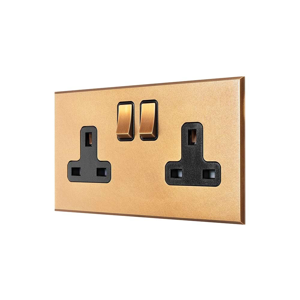 Natural Brass 2 Gang 13A Double Pole Switched Socket with Black Insert  - The Palaces Collection