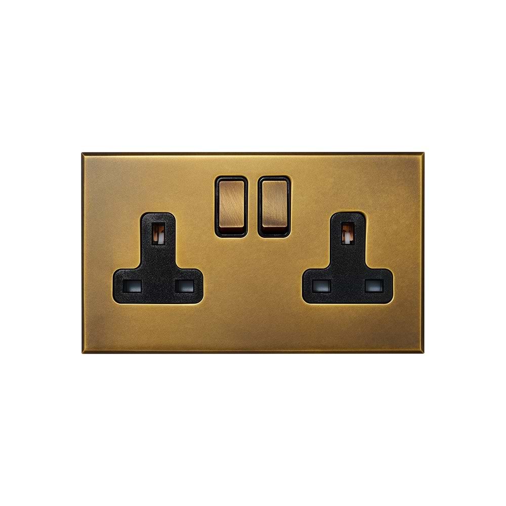 Aged Brass 2 Gang 13A Double Pole Switched Socket with Black Insert  - The Palaces Collection