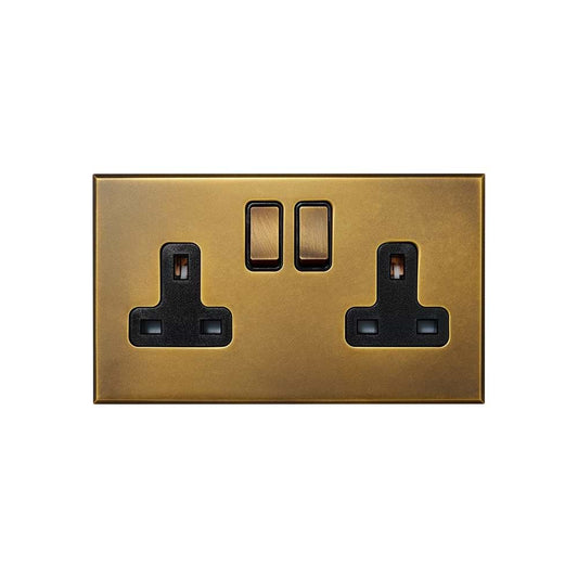 Aged Brass 2 Gang 13A Double Pole Switched Socket with Black Insert  - The Palaces Collection