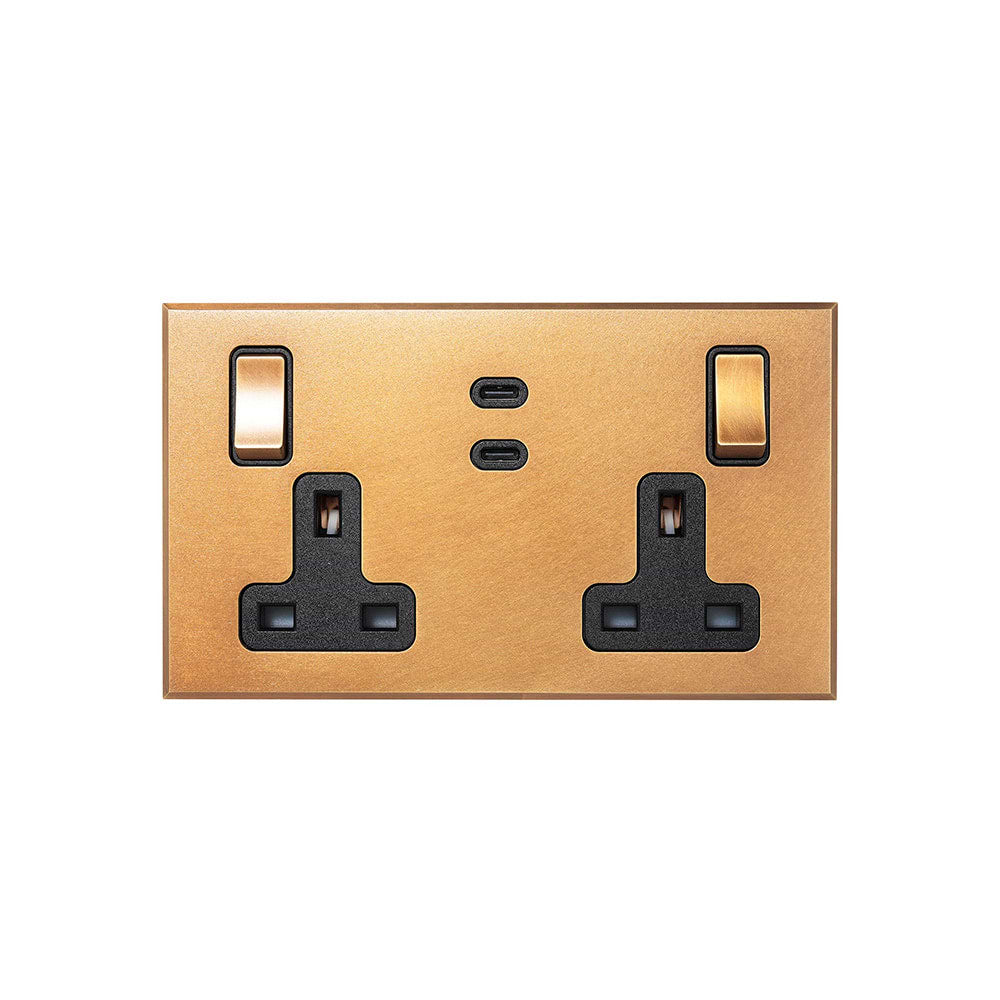Natural Brass 2 Gang 13A Switched Socket 65W Max PD C+C USB Charging with Black Insert  - The Palaces Collection