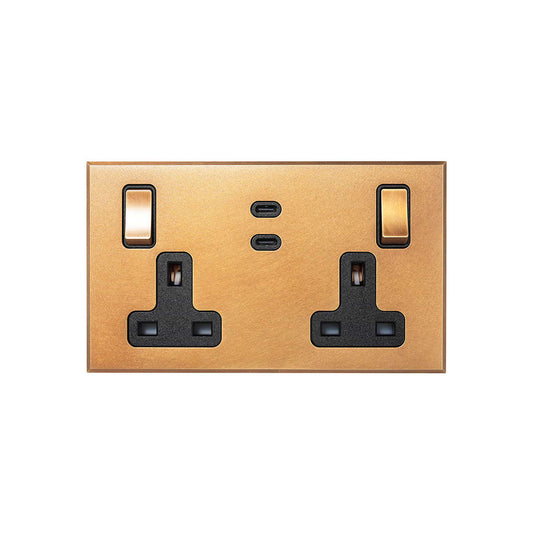 Natural Brass 2 Gang 13A Switched Socket 65W Max PD C+C USB Charging with Black Insert  - The Palaces Collection