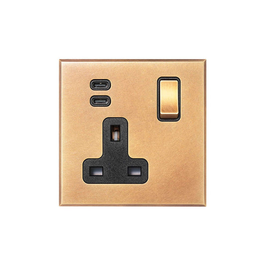 Natural Brass 1 Gang 13A Double Pole Switched Socket 3.1A Type C+C USB Charging with Black Insert  - The Palaces Collection