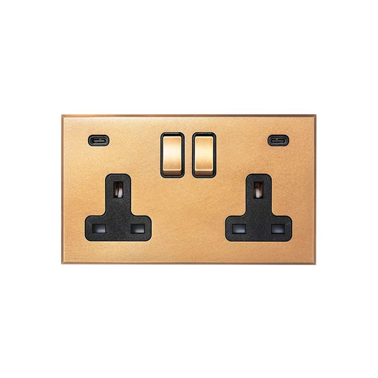 Natural Brass 2 Gang 13A Double Pole Switched Socket 4.8A Type C+C USB Charging with Black Insert  - The Palaces Collection