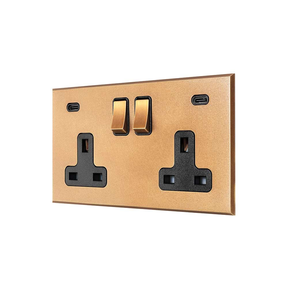 Natural Brass 2 Gang 13A Double Pole Switched Socket 4.8A Type C+C USB Charging with Black Insert  - The Palaces Collection